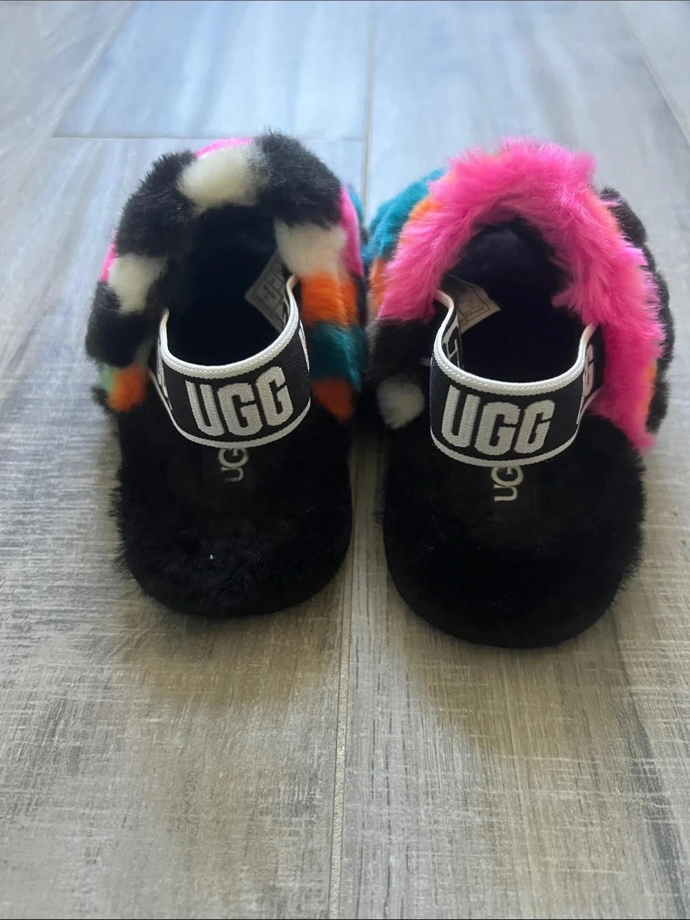 UGG Bright Multicolor Faux Fur Checker Slide Sandals Little Girl Size 8